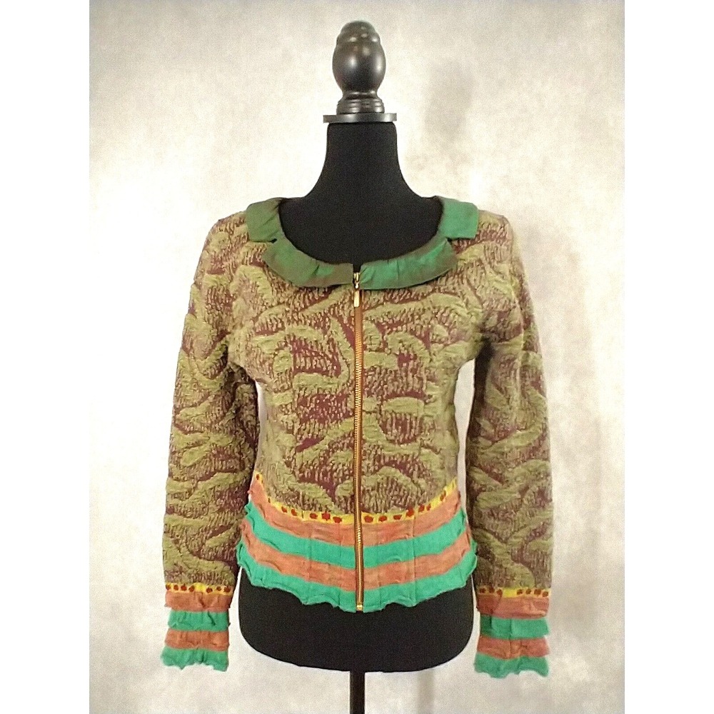 Eva & Claudi Green Multicolor Wool Sweater Taffeta Collar Ruffles Art To Wear S